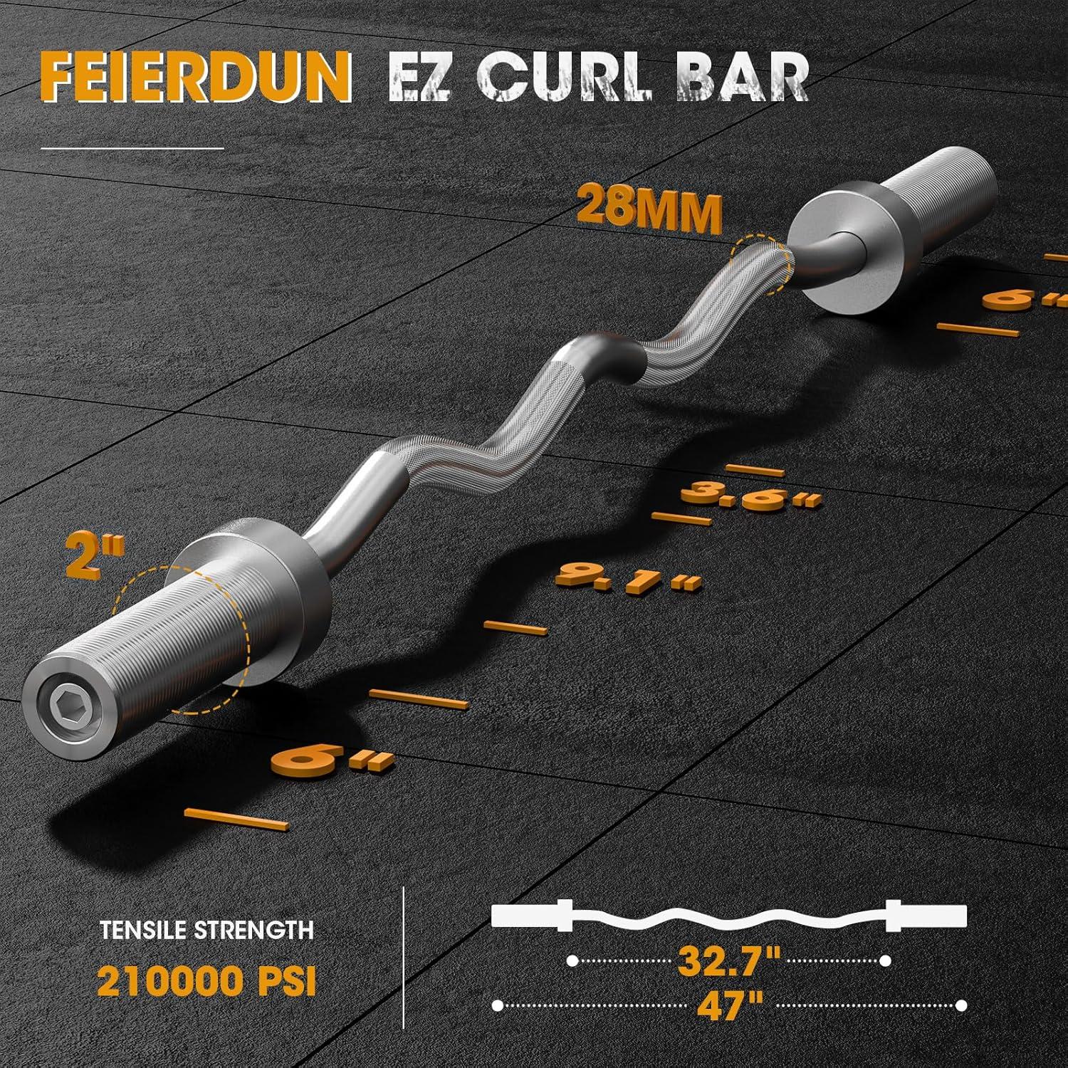 imageFEIERDUN Olympic Barbell 4ft5ft7ft Barbell EZ Curl Bar Suitable for 2Inch Weight Plates