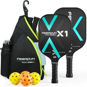 FEIERDUN Pickleball Paddle Set of 2 for Beginners – Lightweight, USAPA Approved Pickleball Rackets with Polymer Honeycomb Core and Fiberglass Surface, 4 Balls & Bag Included