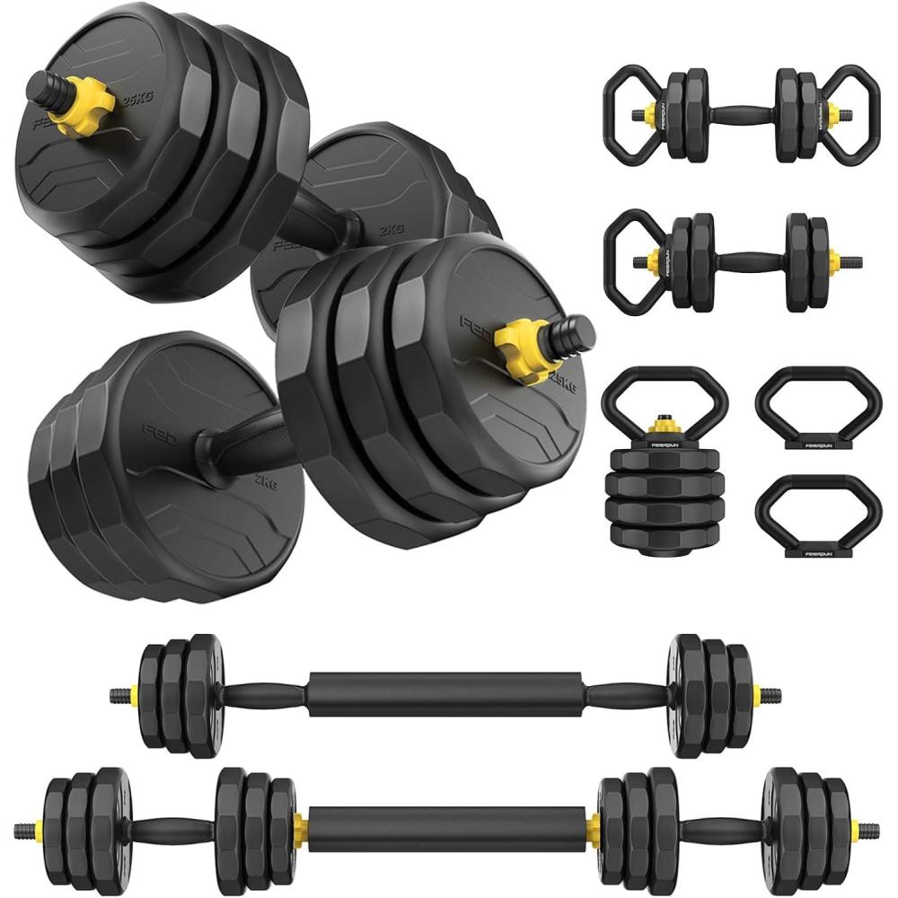 imageFEIERDUN Adjustable Dumbbells 203040457090lbs Free Weight Set with Connector 5 in1 Dumbbells Set Used as Barbell Kettlebells Push up Stand Weight Plate Fitness Exercises for Home Gym Suitable MenWomenH48LB24LB Pair