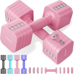 FEIERDUN 5-in-1 Adjustable Dumbbell Set of 2, 12LBS/20LBS Hand Weights for Women, 1s-Adjust Dual-Stable Dumbbell Set for Women Home Gym & Outdoor(B-Cute Pink)