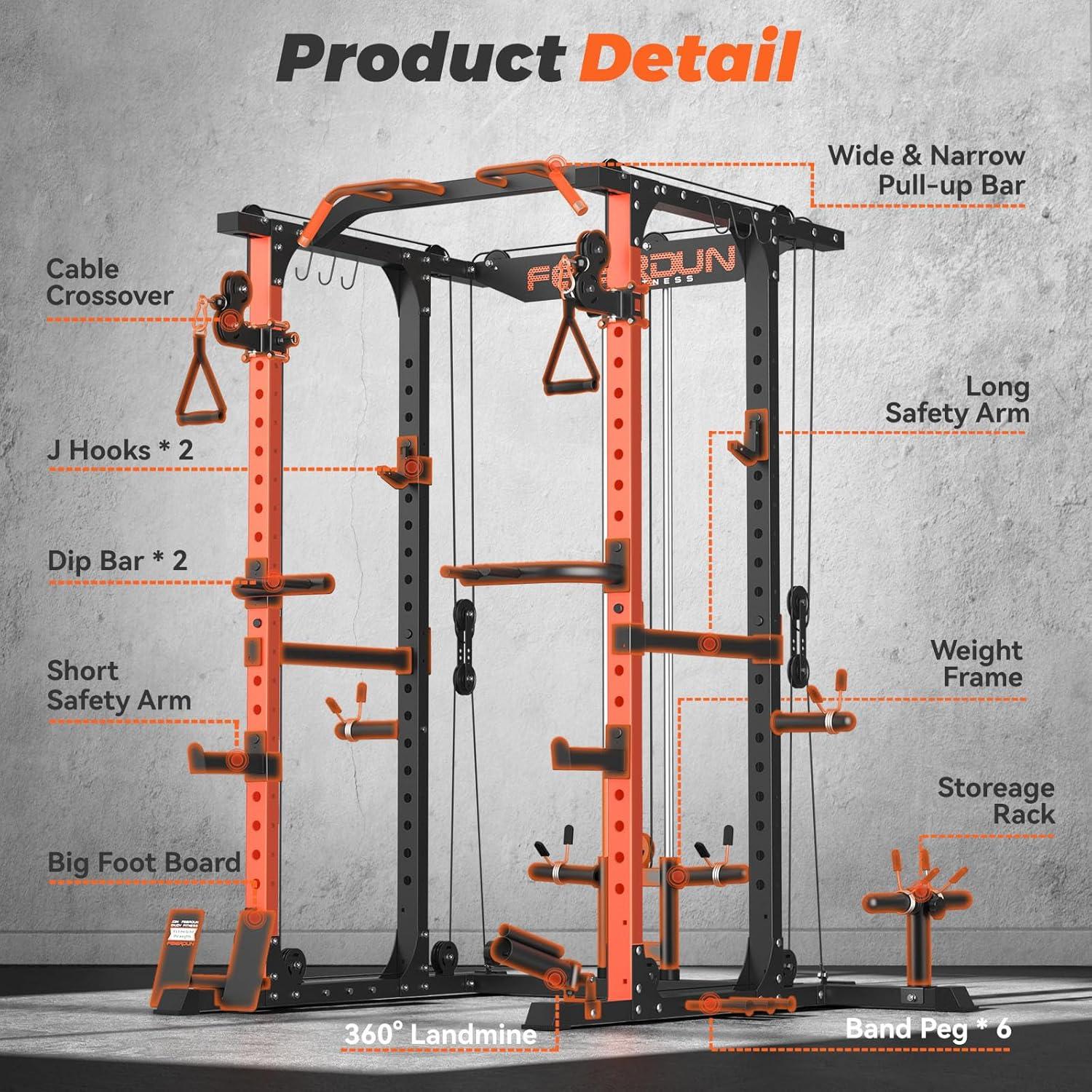 imageFEIERDUN FLA01 Power Cage Multi Function Squat Rack with Cable Crossover System2000LBS Capacity with LAT Pulldown10in1 Home Gym01Orange