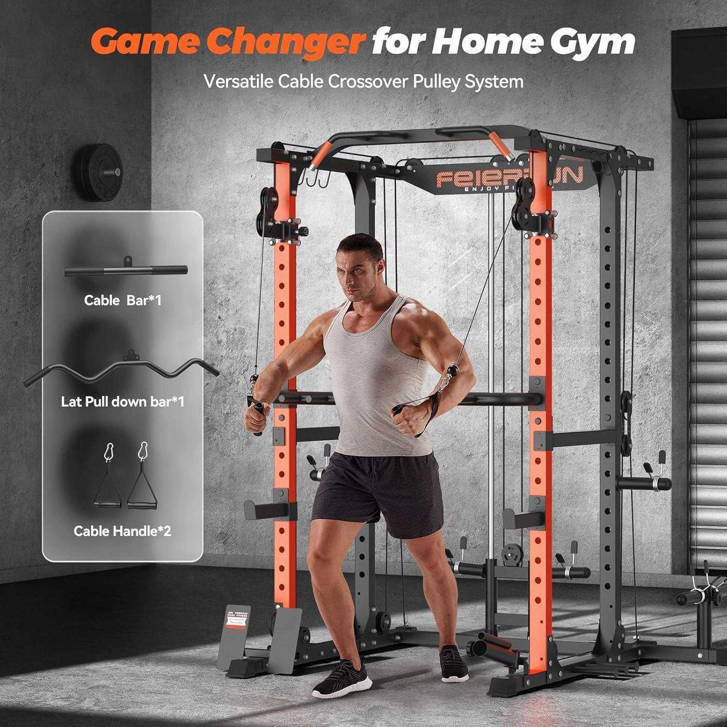 imageFEIERDUN FLA01 Power Cage Multi Function Squat Rack with Cable Crossover System2000LBS Capacity with LAT Pulldown10in1 Home Gym01Orange