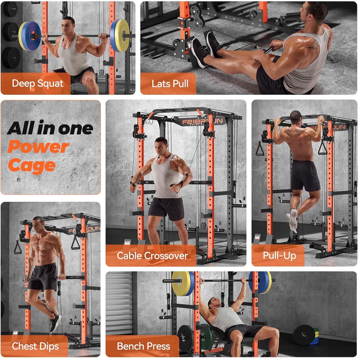 imageFEIERDUN FLA01 Power Cage Multi Function Squat Rack with Cable Crossover System2000LBS Capacity with LAT Pulldown10in1 Home Gym01Orange