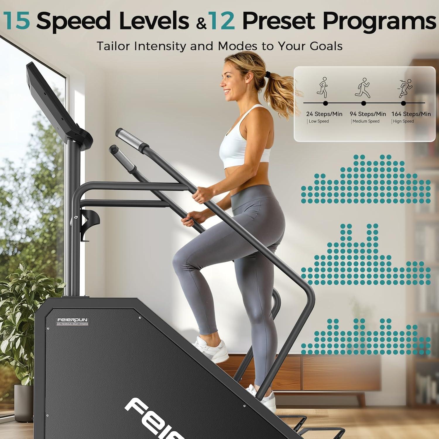 imageFEIERDUN Stair Stepper Machine for Home Gym Commercial Grade Stair Climber with LED Screen Stair Machine with 15 Speed Levels for Cardio and Lower Body Workouts 660LBS Capacity 24164 StepsMinute