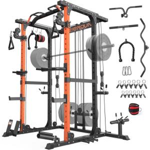 FEIERDUN FLA01 Power Cage Multi Function Squat Rack with Cable Crossover System,2000LBS Capacity with LAT Pulldown,10-in-1 Home Gym(orange)