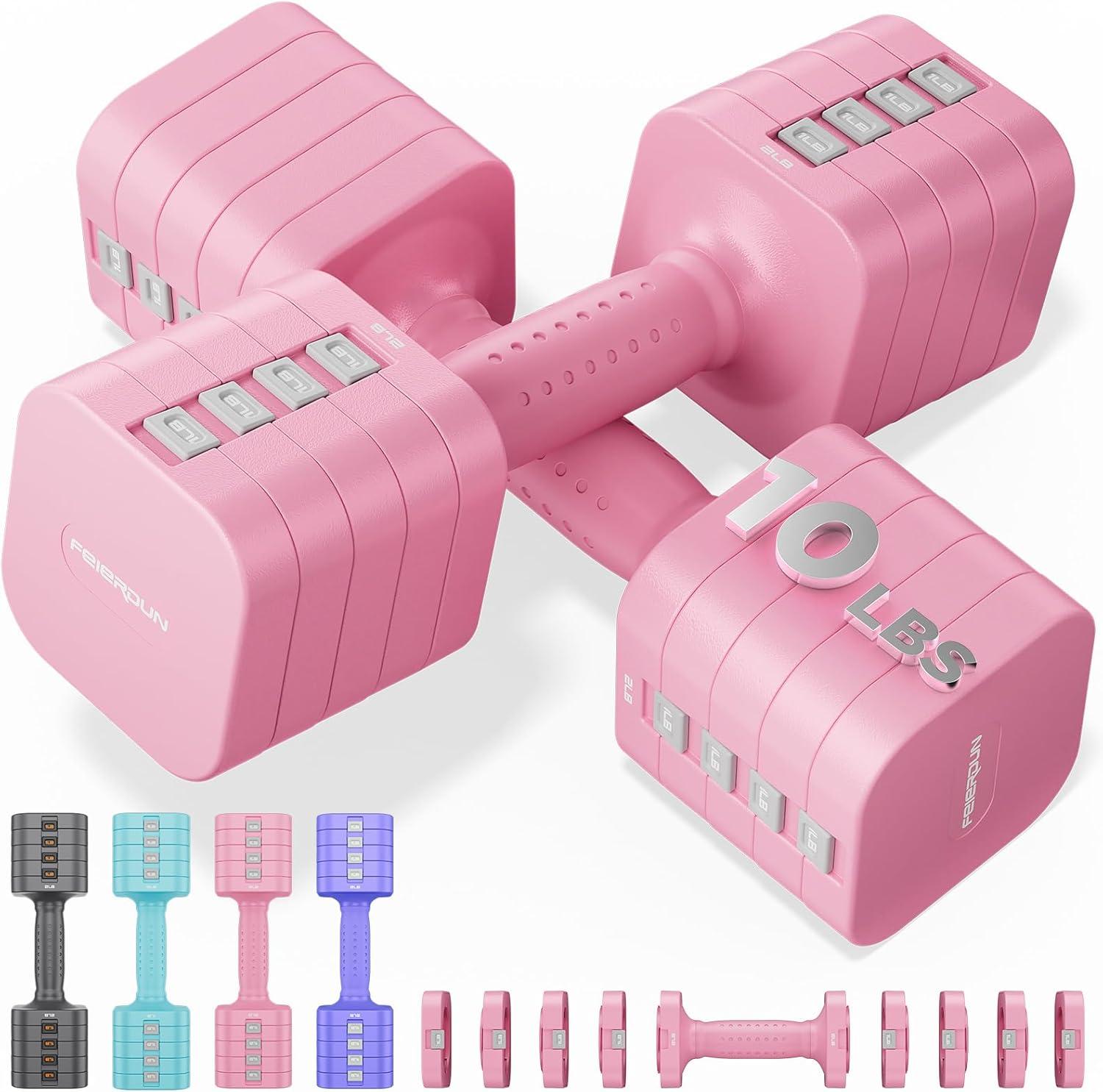 imageFEIERDUN 5in1 Adjustable Dumbbell Set of 2 12LBS20LBS Hand Weights for Women Men 1sAdjust DualStable Dumbbell Set for Women Home Gym amp OutdoorBCute Pink