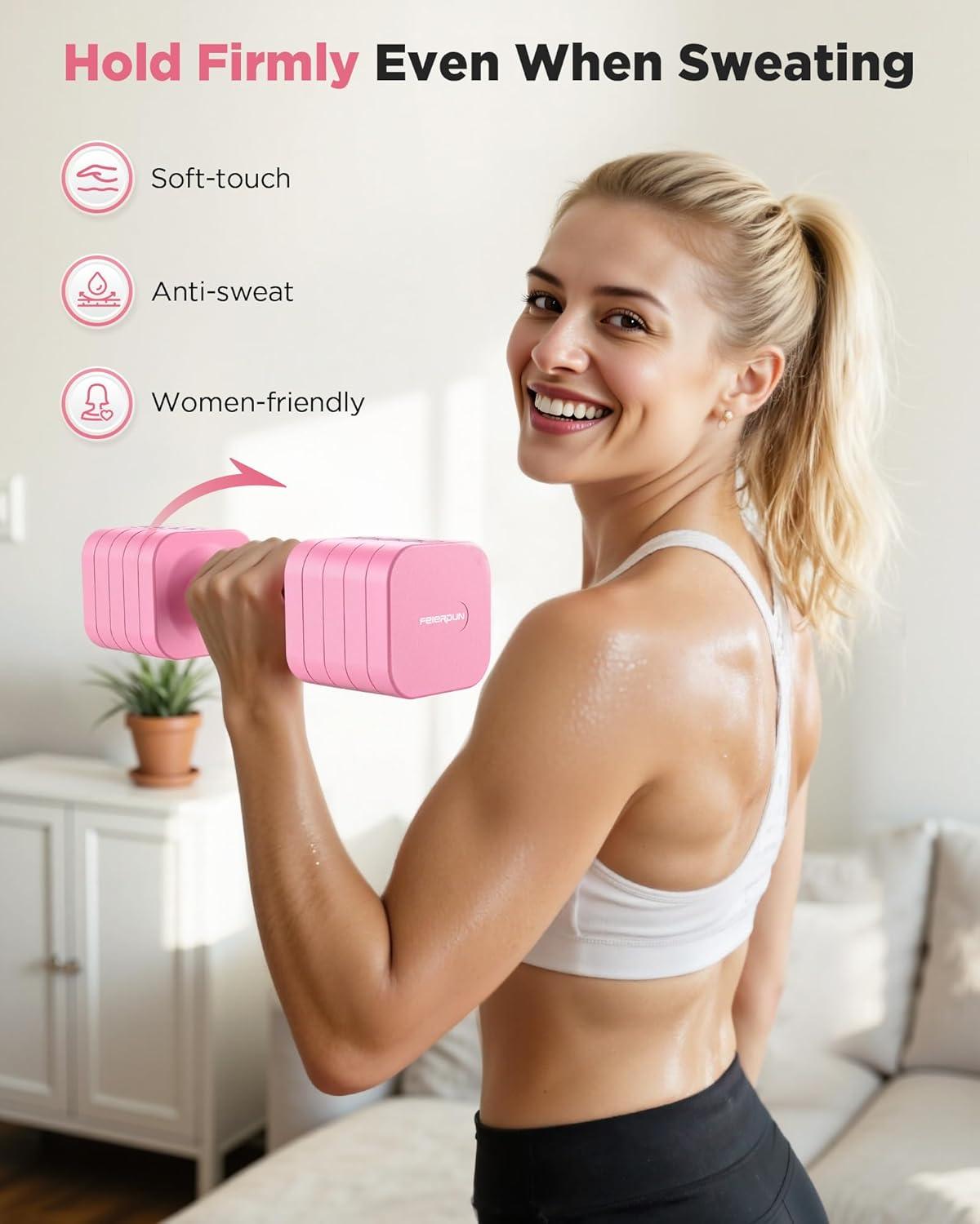 imageFEIERDUN 5in1 Adjustable Dumbbell Set of 2 12LBS20LBS Hand Weights for Women Men 1sAdjust DualStable Dumbbell Set for Women Home Gym amp OutdoorBCute Pink