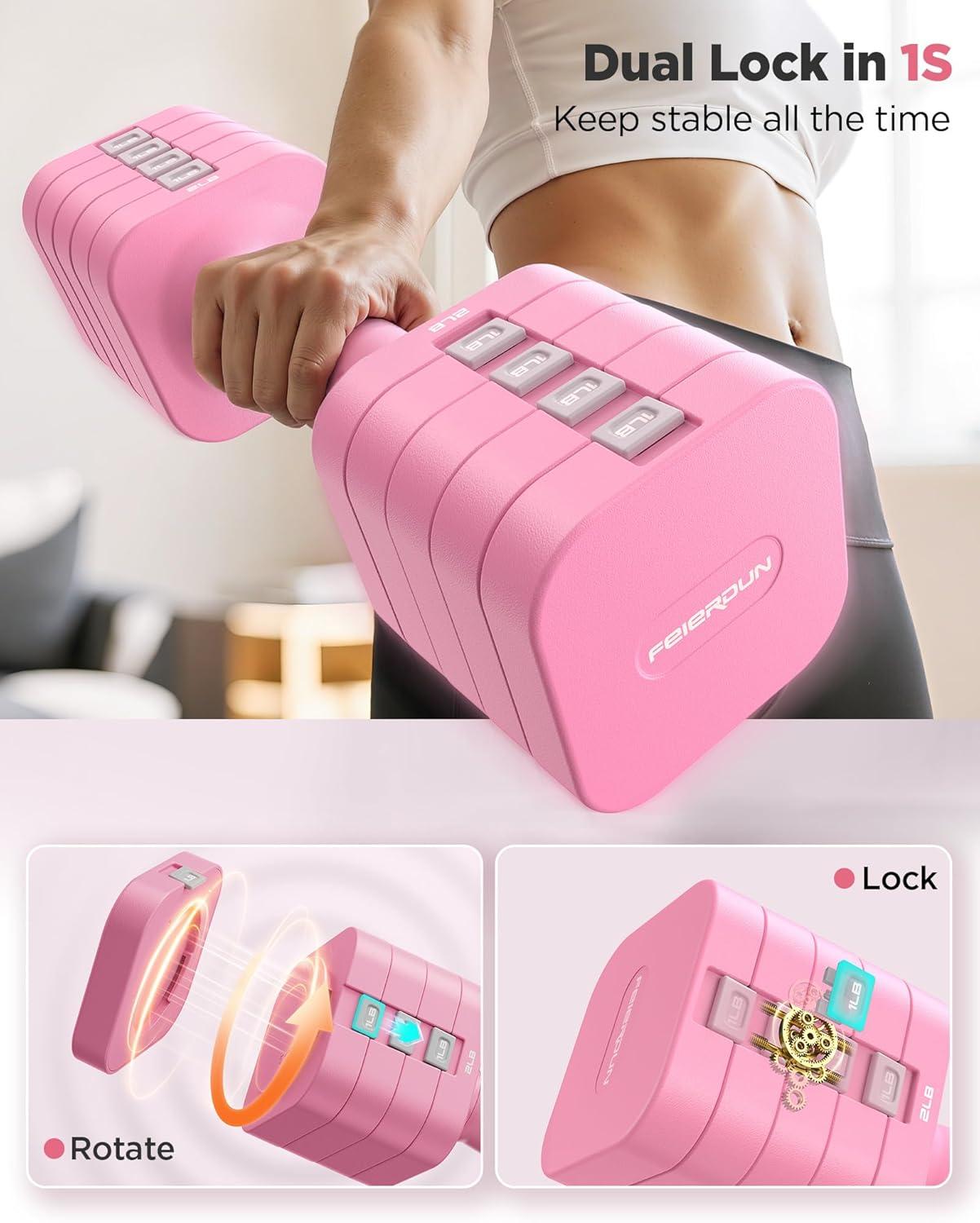 imageFEIERDUN 5in1 Adjustable Dumbbell Set of 2 12LBS20LBS Hand Weights for Women Men 1sAdjust DualStable Dumbbell Set for Women Home Gym amp OutdoorBCute Pink
