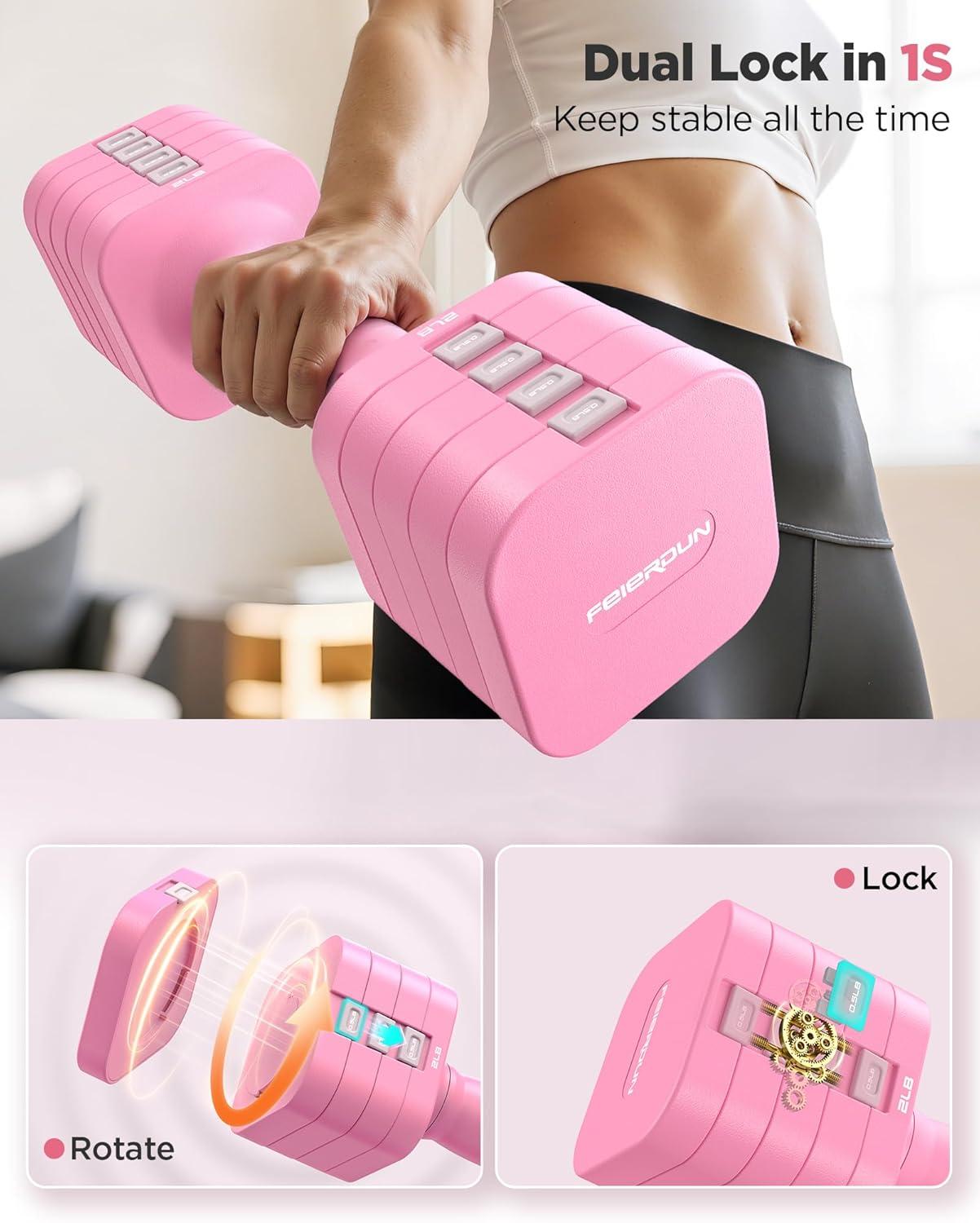 imageFEIERDUN 5in1 Adjustable Dumbbell Set of 2 12LBS20LBS Hand Weights for Women Men 1sAdjust DualStable Dumbbell Set for Women Home Gym amp OutdoorBCute Pink