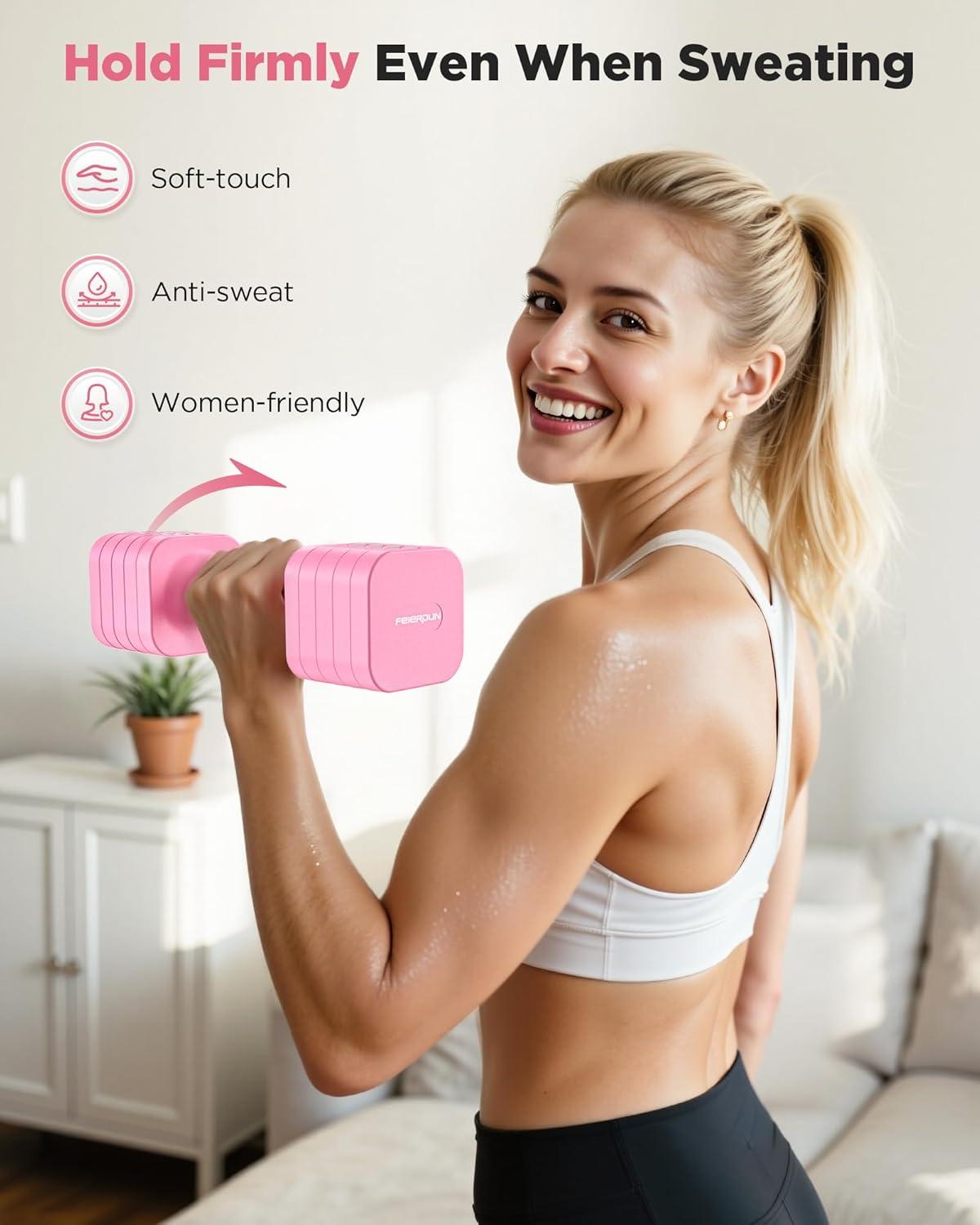 imageFEIERDUN 5in1 Adjustable Dumbbell Set of 2 12LBS20LBS Hand Weights for Women Men 1sAdjust DualStable Dumbbell Set for Women Home Gym amp OutdoorBCute Pink