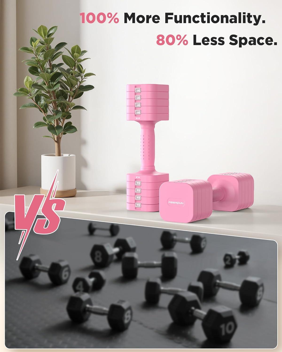 imageFEIERDUN 5in1 Adjustable Dumbbell Set of 2 12LBS20LBS Hand Weights for Women Men 1sAdjust DualStable Dumbbell Set for Women Home Gym amp OutdoorBCute Pink