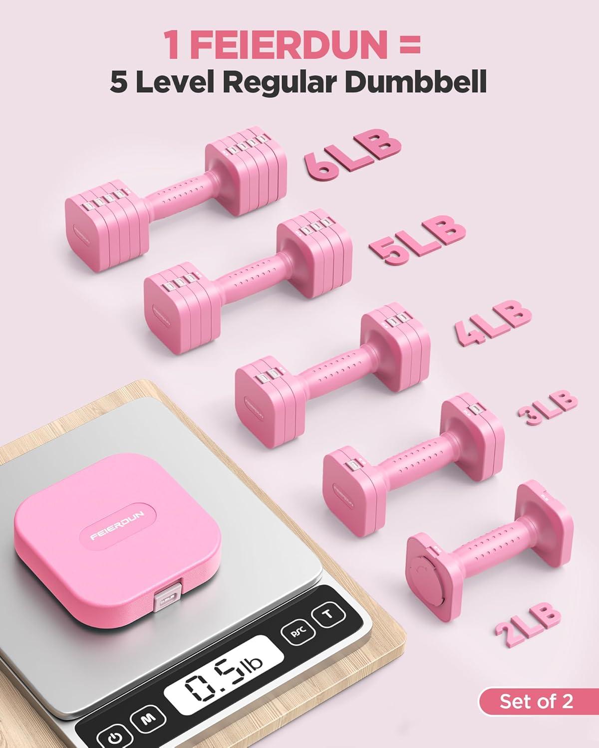 imageFEIERDUN 5in1 Adjustable Dumbbell Set of 2 12LBS20LBS Hand Weights for Women Men 1sAdjust DualStable Dumbbell Set for Women Home Gym amp OutdoorBCute Pink