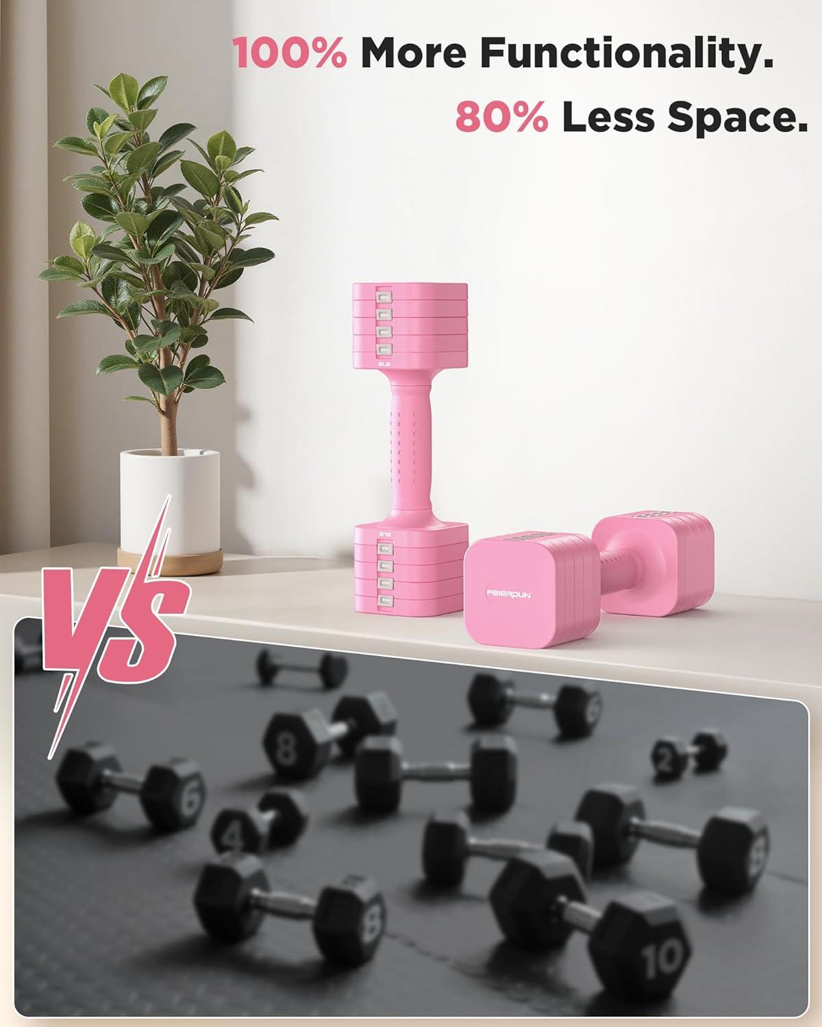 imageFEIERDUN 5in1 Adjustable Dumbbell Set of 2 12LBS20LBS Hand Weights for Women Men 1sAdjust DualStable Dumbbell Set for Women Home Gym amp OutdoorBCute Pink