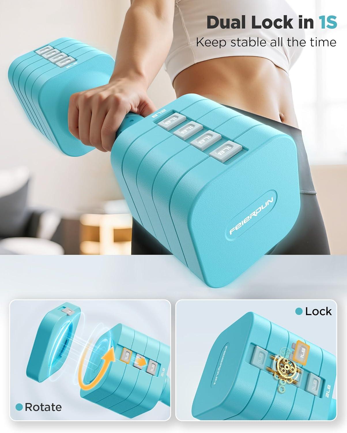 imageFEIERDUN 5in1 Adjustable Dumbbell Set of 2 12LBS20LBS Hand Weights for Women Men 1sAdjust DualStable Dumbbell Set for Women Home Gym amp OutdoorCMint Blue