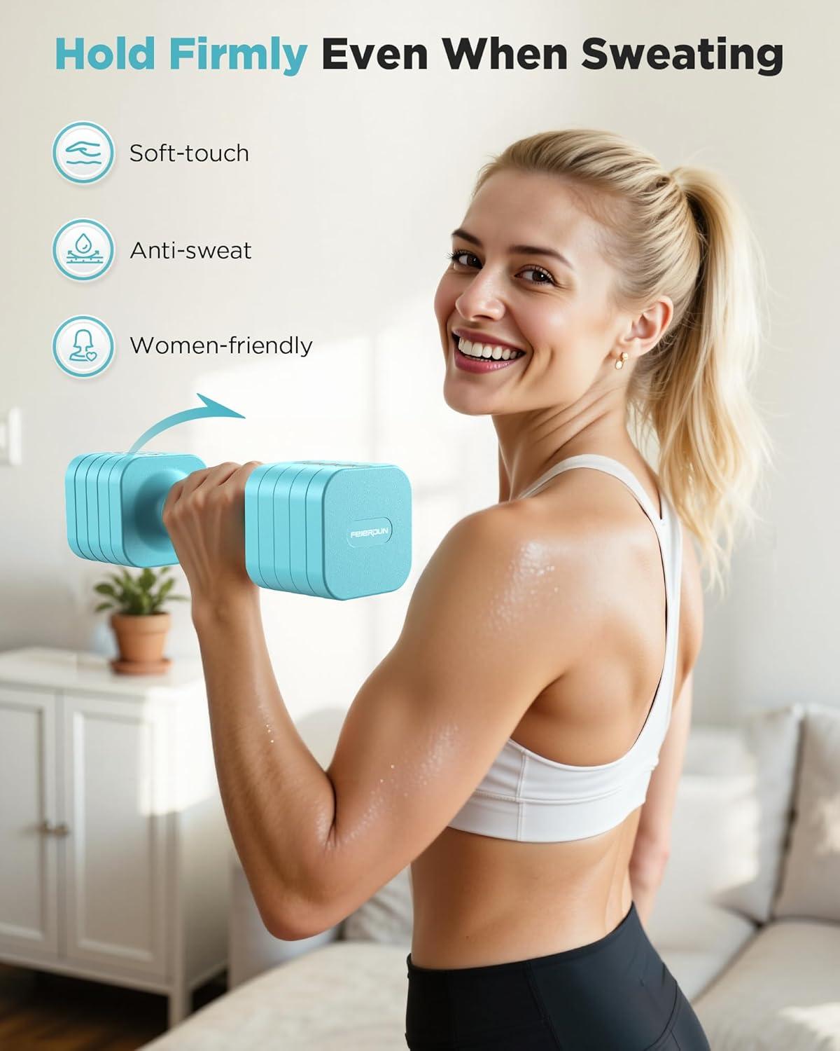 imageFEIERDUN 5in1 Adjustable Dumbbell Set of 2 12LBS20LBS Hand Weights for Women Men 1sAdjust DualStable Dumbbell Set for Women Home Gym amp OutdoorCMint Blue