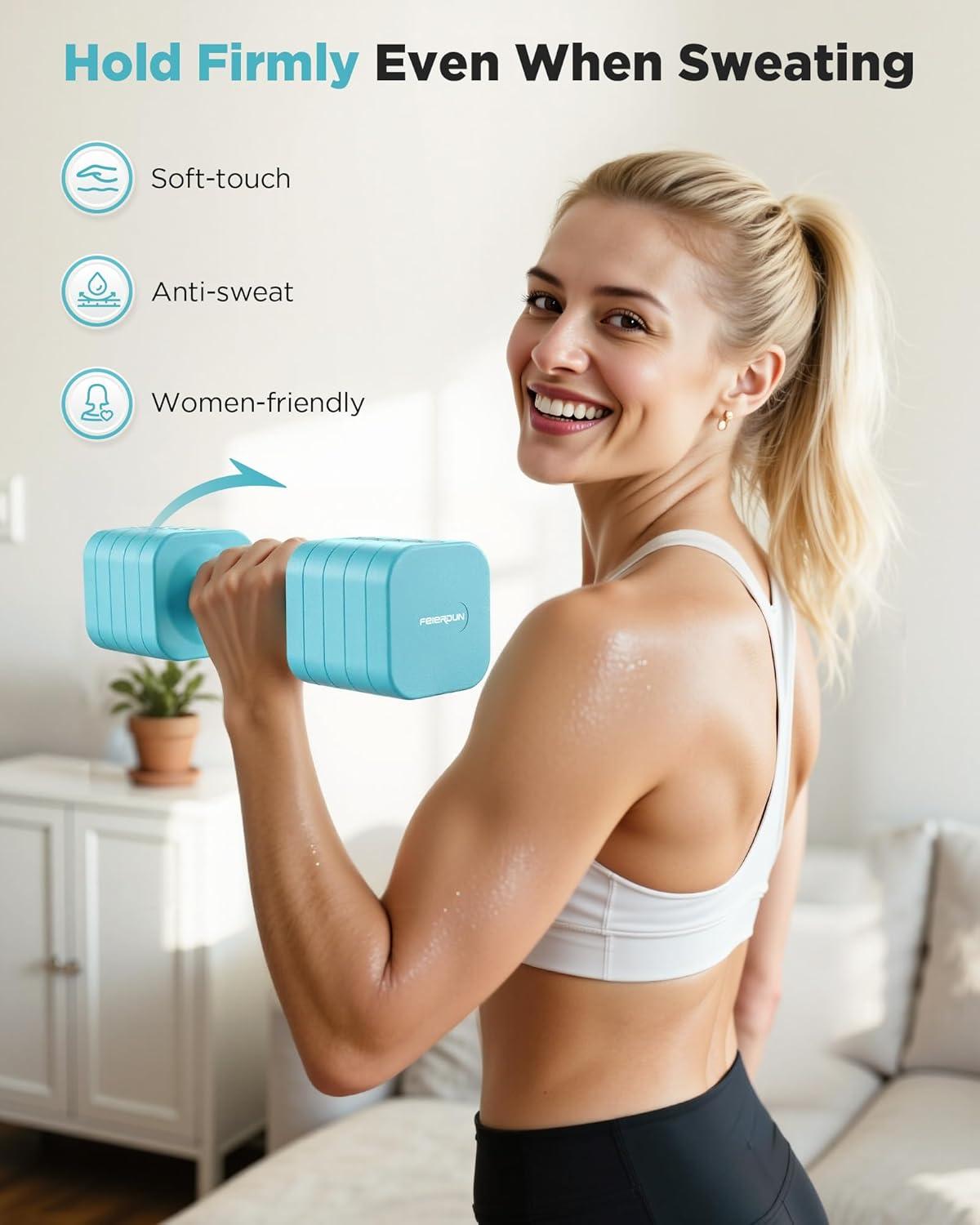 imageFEIERDUN 5in1 Adjustable Dumbbell Set of 2 12LBS20LBS Hand Weights for Women Men 1sAdjust DualStable Dumbbell Set for Women Home Gym amp OutdoorCMint Blue