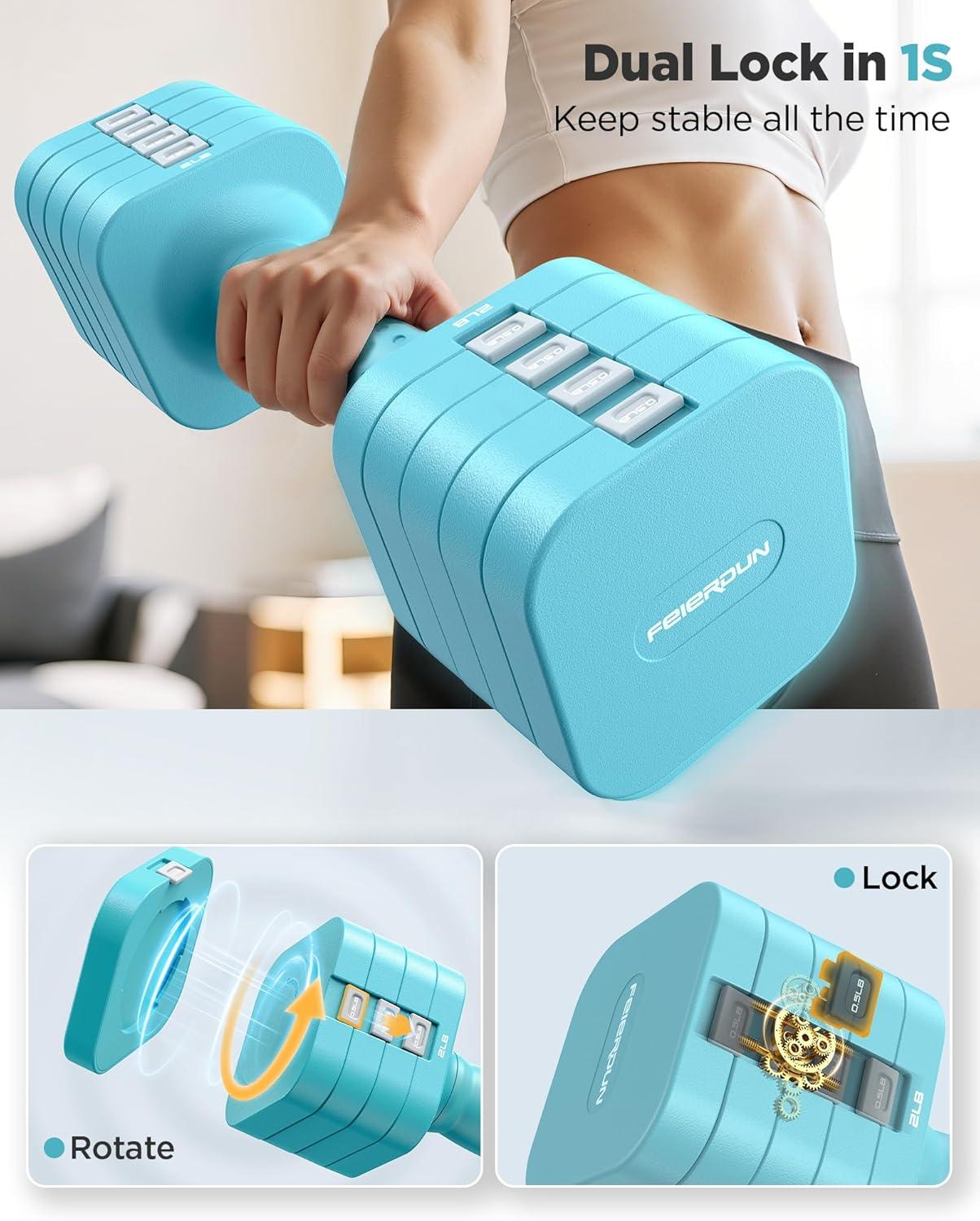 imageFEIERDUN 5in1 Adjustable Dumbbell Set of 2 12LBS20LBS Hand Weights for Women Men 1sAdjust DualStable Dumbbell Set for Women Home Gym amp OutdoorCMint Blue