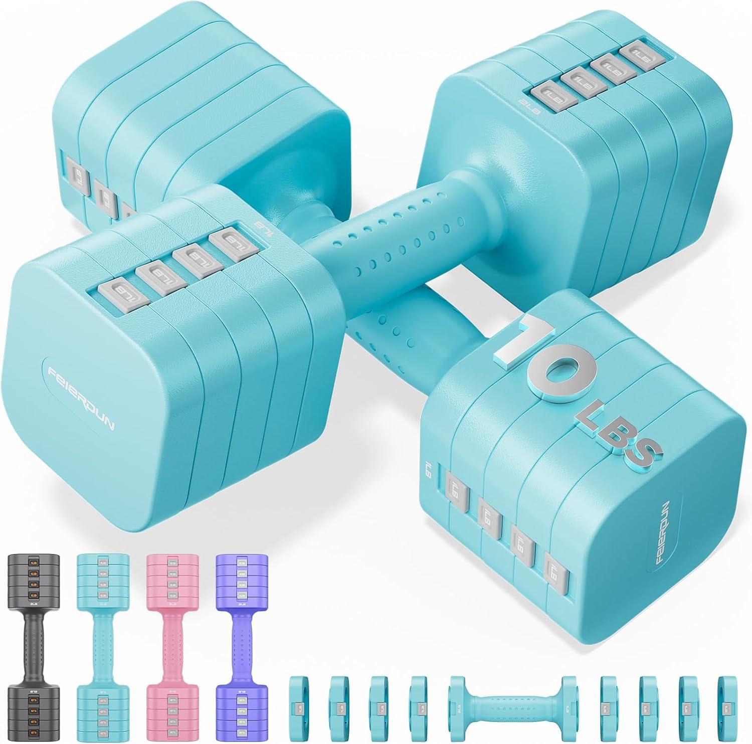imageFEIERDUN 5in1 Adjustable Dumbbell Set of 2 12LBS20LBS Hand Weights for Women Men 1sAdjust DualStable Dumbbell Set for Women Home Gym amp OutdoorCMint Blue