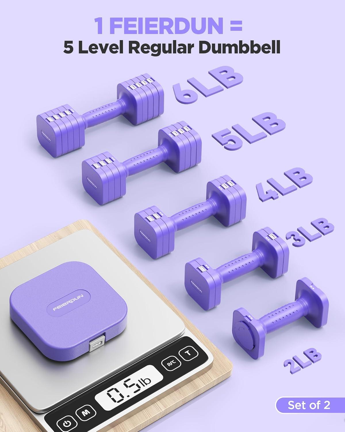imageFEIERDUN 5in1 Adjustable Dumbbell Set of 2 12LBS20LBS Hand Weights for Women Men 1sAdjust DualStable Dumbbell Set for Women Home Gym amp OutdoorDVivid Purple