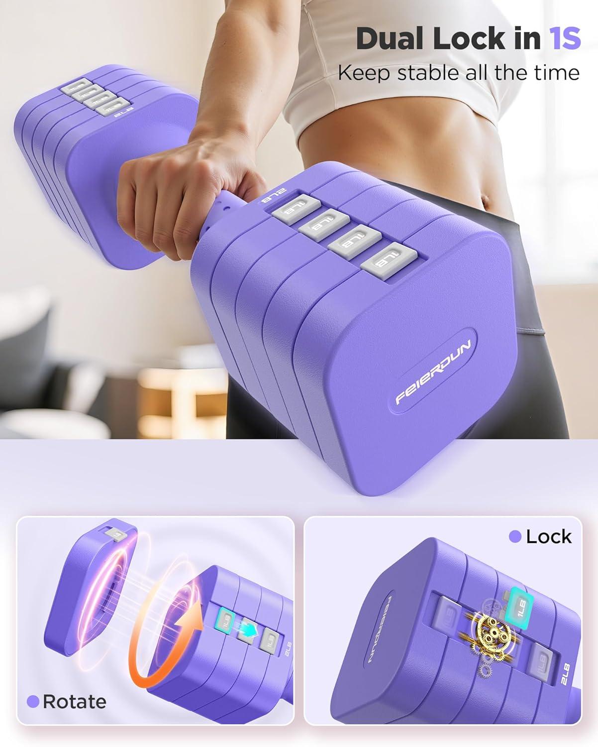 imageFEIERDUN 5in1 Adjustable Dumbbell Set of 2 12LBS20LBS Hand Weights for Women Men 1sAdjust DualStable Dumbbell Set for Women Home Gym amp OutdoorDVivid Purple