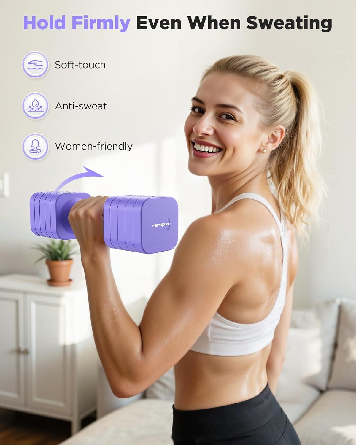 imageFEIERDUN 5in1 Adjustable Dumbbell Set of 2 12LBS20LBS Hand Weights for Women Men 1sAdjust DualStable Dumbbell Set for Women Home Gym amp OutdoorDVivid Purple