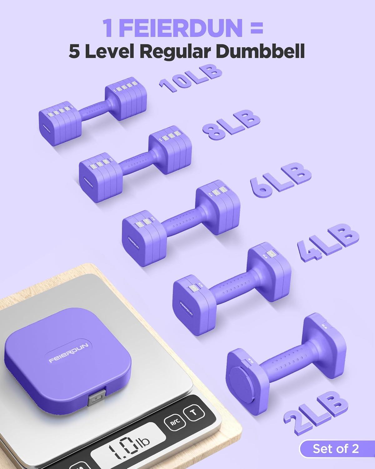 imageFEIERDUN 5in1 Adjustable Dumbbell Set of 2 12LBS20LBS Hand Weights for Women Men 1sAdjust DualStable Dumbbell Set for Women Home Gym amp OutdoorDVivid Purple