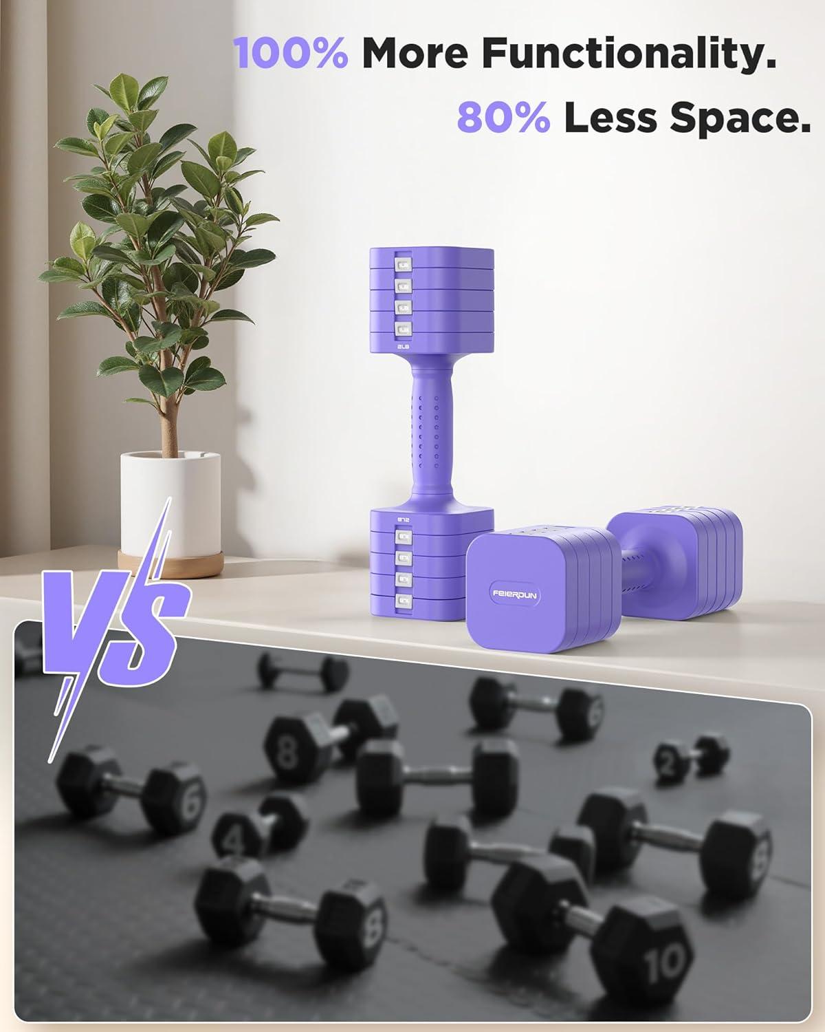 imageFEIERDUN 5in1 Adjustable Dumbbell Set of 2 12LBS20LBS Hand Weights for Women Men 1sAdjust DualStable Dumbbell Set for Women Home Gym amp OutdoorDVivid Purple