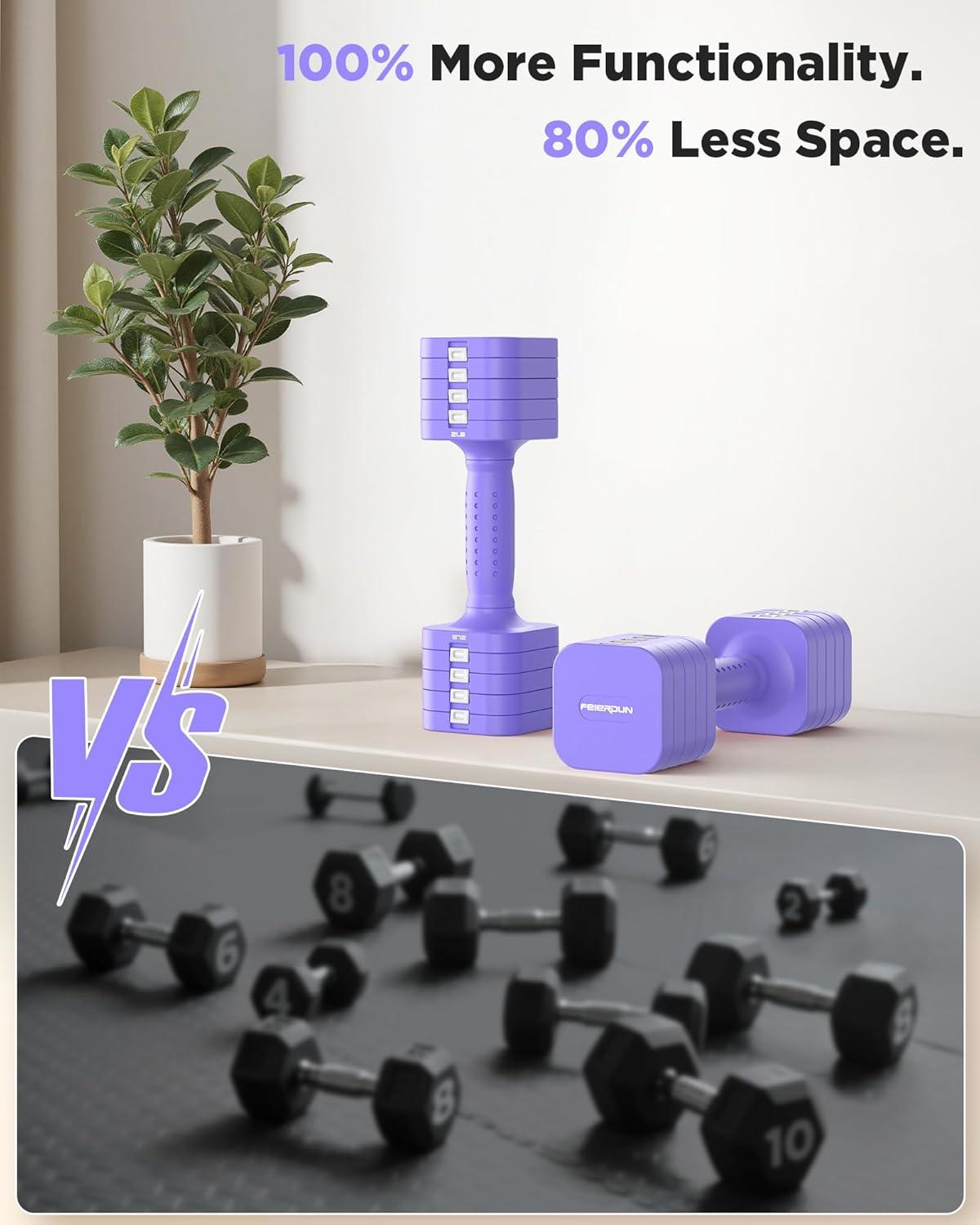 imageFEIERDUN 5in1 Adjustable Dumbbell Set of 2 12LBS20LBS Hand Weights for Women Men 1sAdjust DualStable Dumbbell Set for Women Home Gym amp OutdoorDVivid Purple
