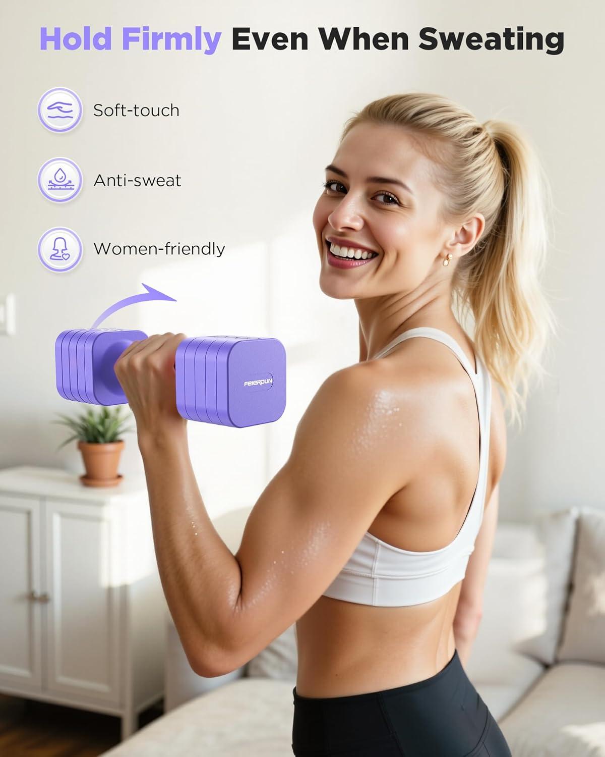 imageFEIERDUN 5in1 Adjustable Dumbbell Set of 2 12LBS20LBS Hand Weights for Women Men 1sAdjust DualStable Dumbbell Set for Women Home Gym amp OutdoorDVivid Purple