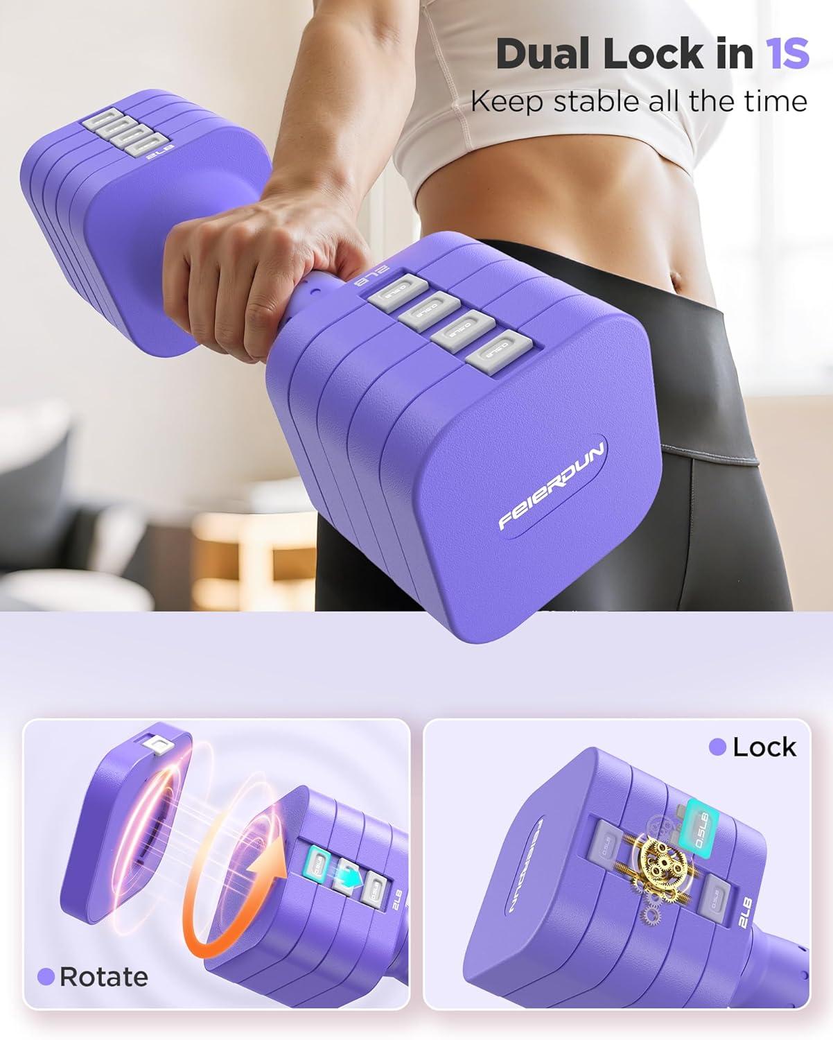 imageFEIERDUN 5in1 Adjustable Dumbbell Set of 2 12LBS20LBS Hand Weights for Women Men 1sAdjust DualStable Dumbbell Set for Women Home Gym amp OutdoorDVivid Purple