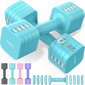 FEIERDUN 5-in-1 Adjustable Dumbbell Set of 2, 12LBS/20LBS Hand Weights for Women, Men, 1s-Adjust Dual-Stable Dumbbell Set for Women Home Gym & Outdoor(C-Mint Blue)