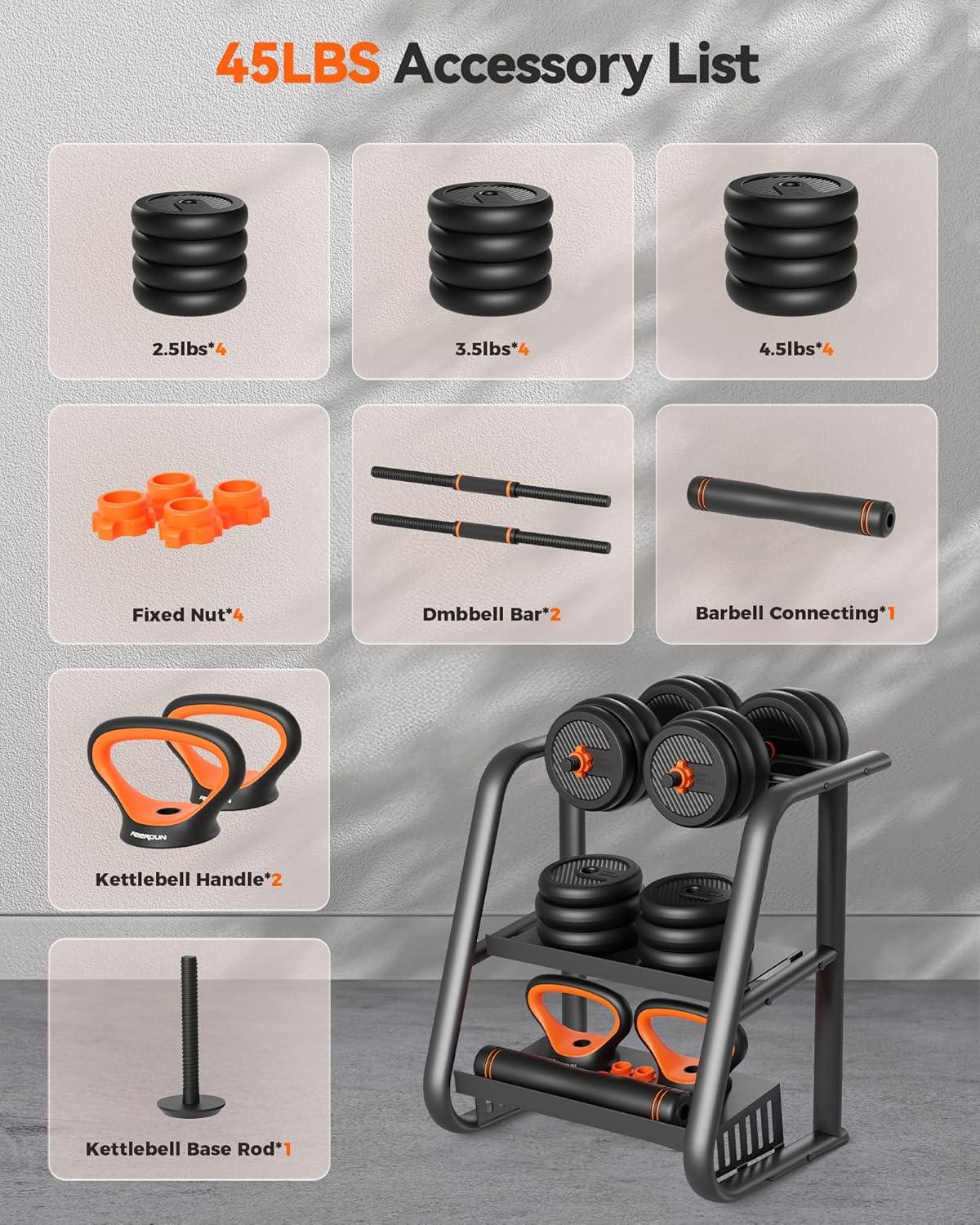 imageFEIERDUN DS2 Adjustable Dumbbells 203040457090lbs Free Weight Set with Connector 5 in1 Dumbbells Set Used as Barbell Kettlebells Push up Stand Weight Plate Fitness Exercises for Home Gym Suitable MenWomenD45LB225LB Pair