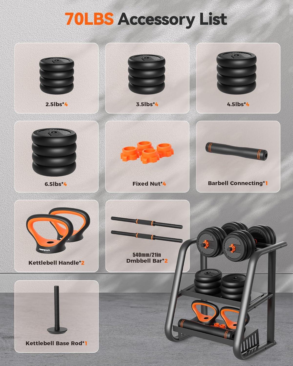 imageFEIERDUN DS2 Adjustable Dumbbells 203040457090lbs Free Weight Set with Connector 5 in1 Dumbbells Set Used as Barbell Kettlebells Push up Stand Weight Plate Fitness Exercises for Home Gym Suitable MenWomenE70LB35LB Pair