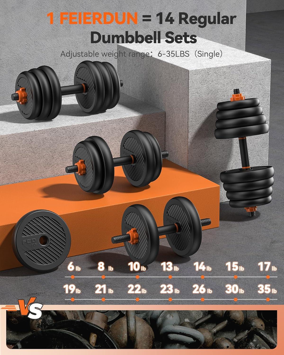 imageFEIERDUN DS2 Adjustable Dumbbells 203040457090lbs Free Weight Set with Connector 5 in1 Dumbbells Set Used as Barbell Kettlebells Push up Stand Weight Plate Fitness Exercises for Home Gym Suitable MenWomenE70LB35LB Pair