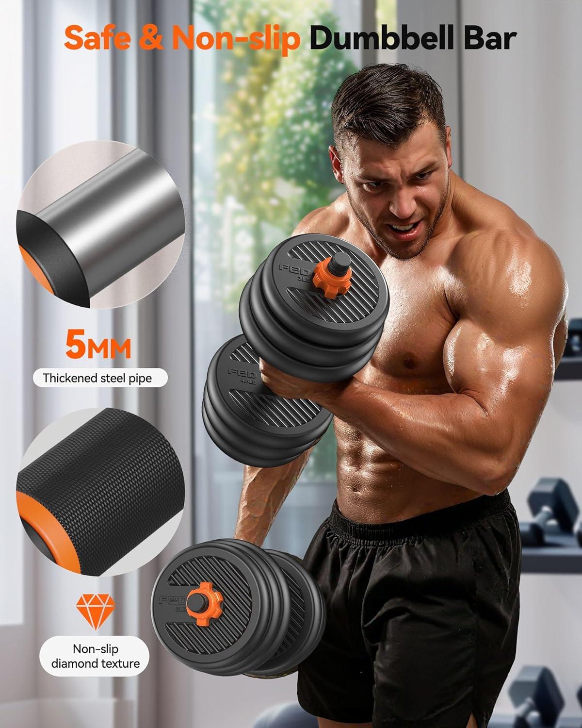 imageFEIERDUN DS2 Adjustable Dumbbells 203040457090lbs Free Weight Set with Connector 5 in1 Dumbbells Set Used as Barbell Kettlebells Push up Stand Weight Plate Fitness Exercises for Home Gym Suitable MenWomenD44LB22LB Pair