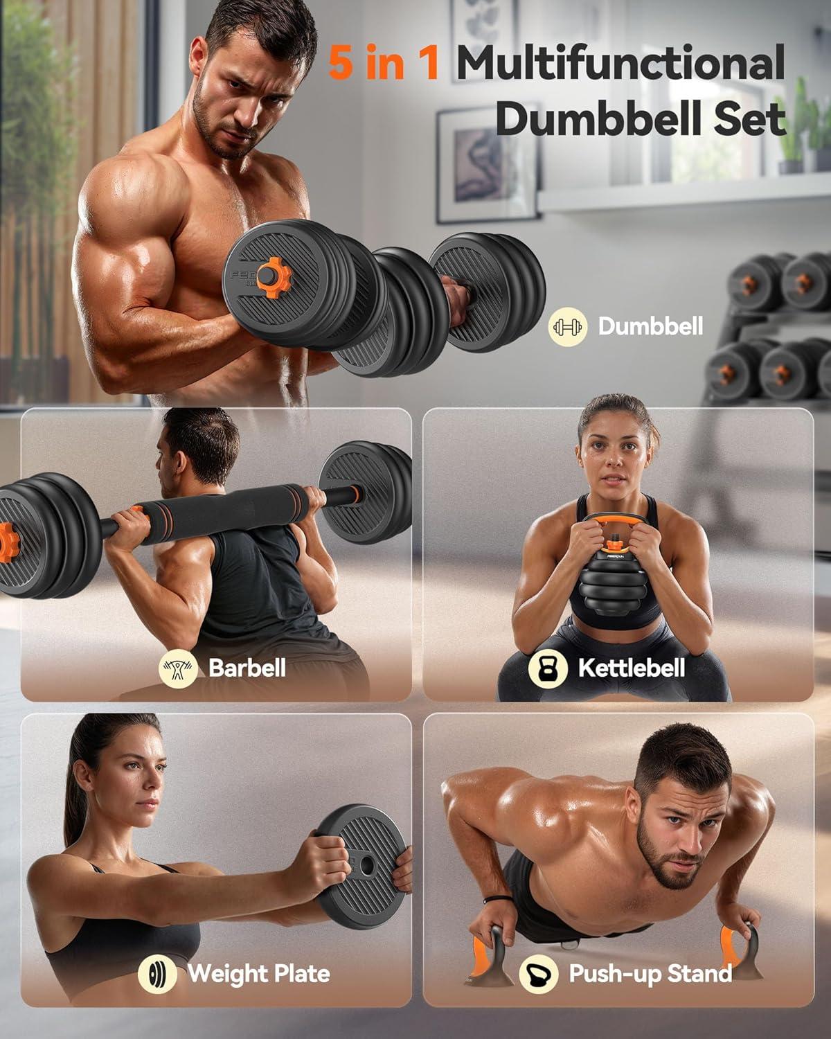 imageFEIERDUN DS2 Adjustable Dumbbells 203040457090lbs Free Weight Set with Connector 5 in1 Dumbbells Set Used as Barbell Kettlebells Push up Stand Weight Plate Fitness Exercises for Home Gym Suitable MenWomenD44LB22LB Pair