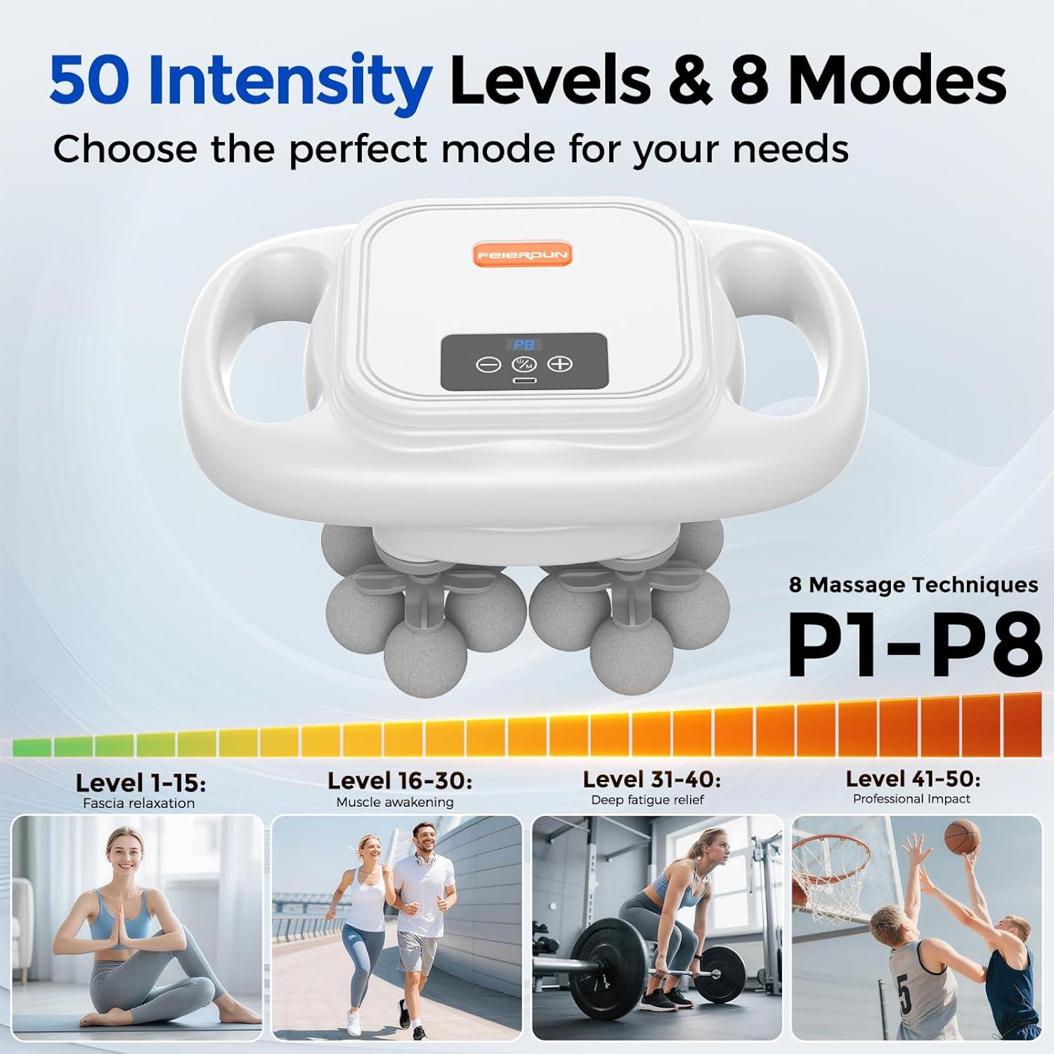 imageFEIERDUN 16Head Massage Gun Set Deep Tissue Percussion Massager with 8 Modes amp 50 Intensities Portable Quiet Muscle Massage Gun for Legs Waist Back Neck Buttocks Muscles Pain Relief WhiteWhite