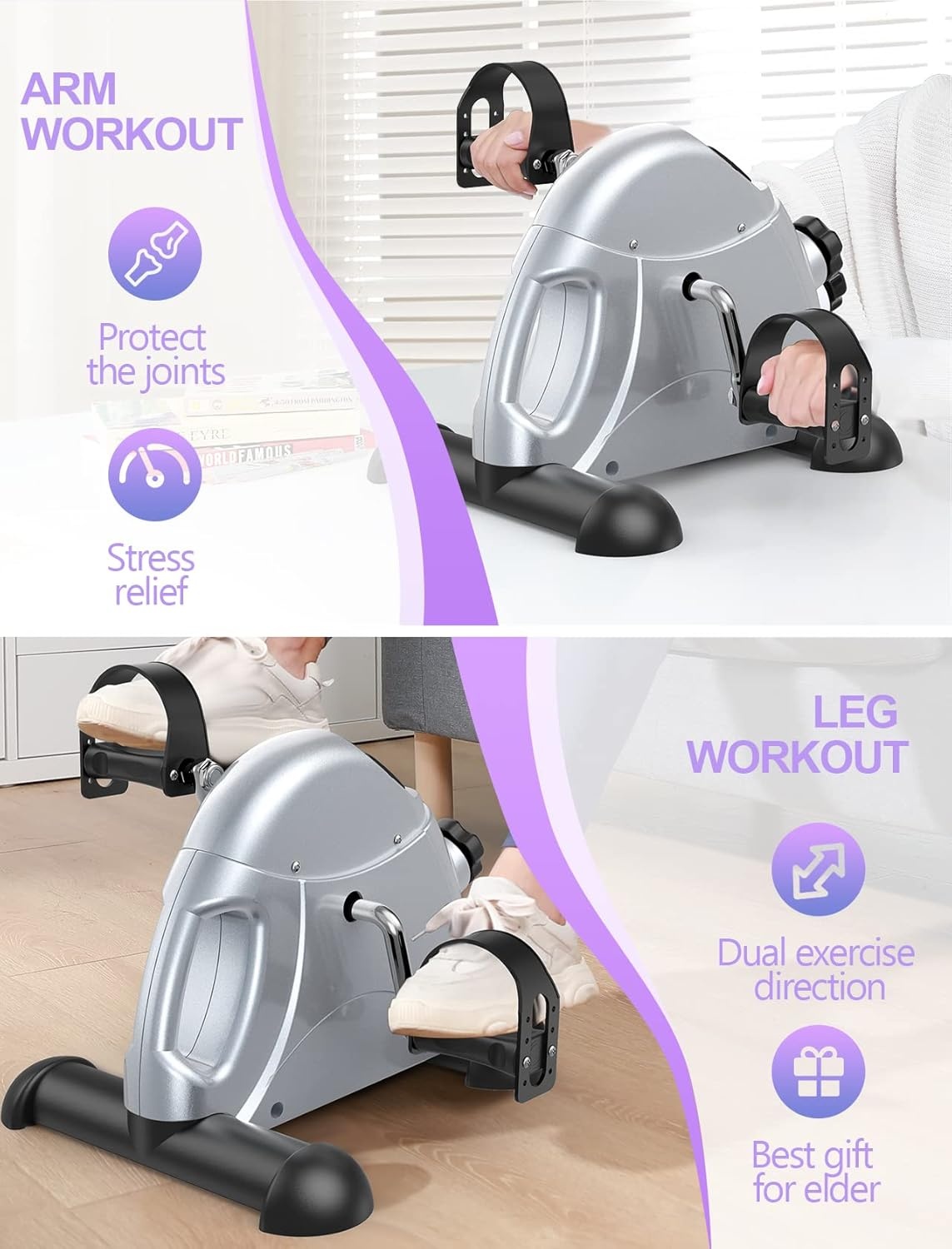 imageFEIERDUN Mini Exercise Bike Under Desk Bike Pedal Exerciser for ArmLeg Exercise Adjustable Magnetic Resistance Desk Cycle with LCD Screen Display for HomeOffice Workout Silver