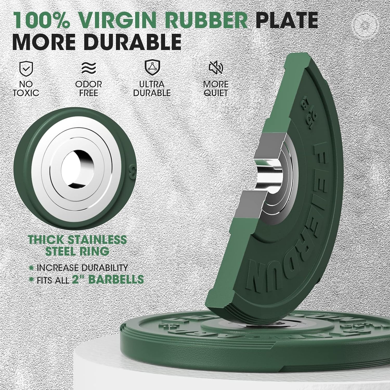 image:imageFEIERDUN Color Bumper Plate Set 2Inch Olympic Weight Plates Low Bounce Rubber Barbell Plates with Stainless Steel Insert for Weightlifting Strength Training CrossFit amp Home Gym 10LB370LBR 340LBS SET