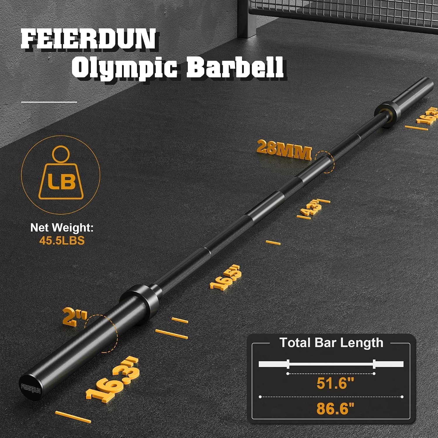 image:imageFEIERDUN 7FT Olympic Barbell 1900LBS Strength Training Bar for Weight lifting Alloy Steel Center knurl Suitable for 2 inch Plates