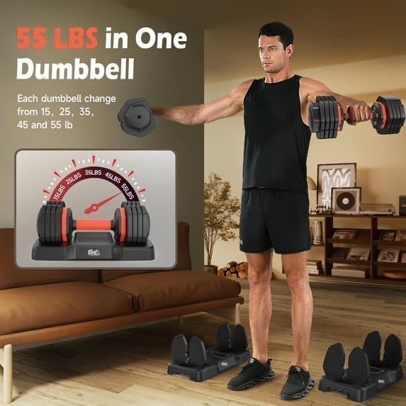 image:imageFEIERDUN Adjustable Dumbbell Set Weight Set for Home Gym 510in1 Free Weight Adjustable Dumbbells Single Hand Twist Adjust with NonSlip Handles 90 Space Saving Strength Training for both MenampWomen5 Weight Settings 55 LBPair 110 LB Total