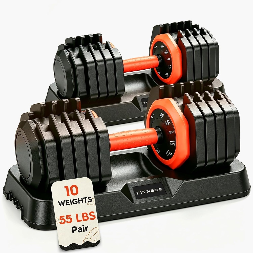 image:imageFEIERDUN Adjustable Dumbbell Set Weight Set for Home Gym 510in1 Free Weight Adjustable Dumbbells Single Hand Twist Adjust with NonSlip Handles 90 Space Saving Strength Training for both MenampWomen10 Weight Settings  55 LBPair 110 LB Total