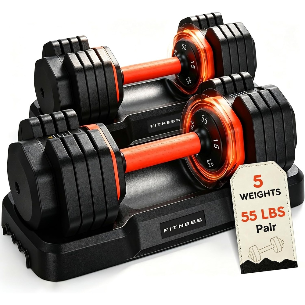 image:imageFEIERDUN Adjustable Dumbbell Set Weight Set for Home Gym 510in1 Free Weight Adjustable Dumbbells Single Hand Twist Adjust with NonSlip Handles 90 Space Saving Strength Training for both MenampWomen5 Weight Settings  55 LBPair 110 LB Total